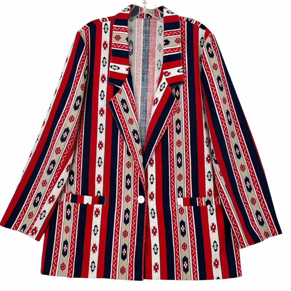 Vintage Native Pattern Red, White, Blue, Khaki Unlined Blazer by Bon Worth USA